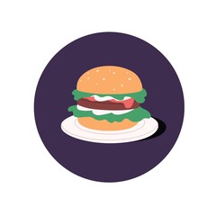 Burger, fast food icon. Abstract hamburger with lettuce, meat cutlet and sauce between buns. American sandwich with bread, beef and salad. Flat vector illustration isolated on white background