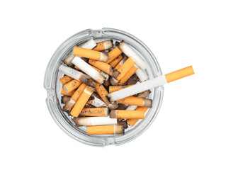 Glass ashtray full of cigarette stubs isolated on white, top view - obrazy, fototapety, plakaty