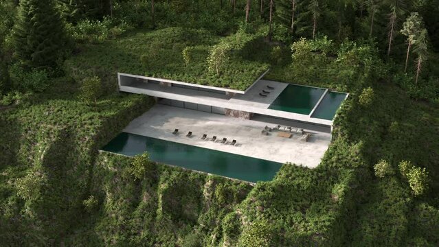 HD video modern minimalism style architecture design. House terrace and swimming pool. Nature landscape and forest. 3d render illustration exterior.