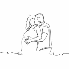 Continuous one simple single abstract line drawing of happy beautiful couple in love pregnant woman icon in silhouette on a white background. Linear stylized.