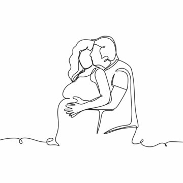 Continuous one simple single abstract line drawing of happy beautiful couple in love pregnant woman icon in silhouette on a white background. Linear stylized.