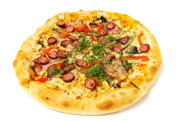 Pizza with sausage, meat, cheese, basil and olives isolated on white background