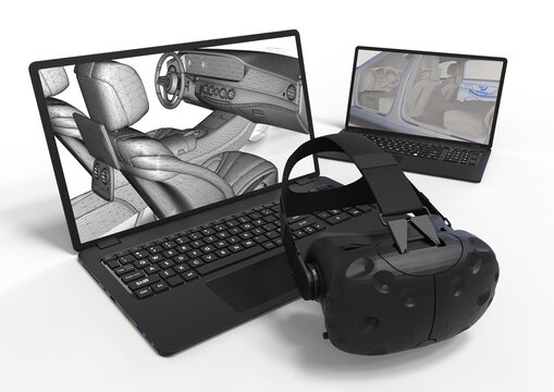 3D render image representing development of a car with computer aided design and virtual reality 