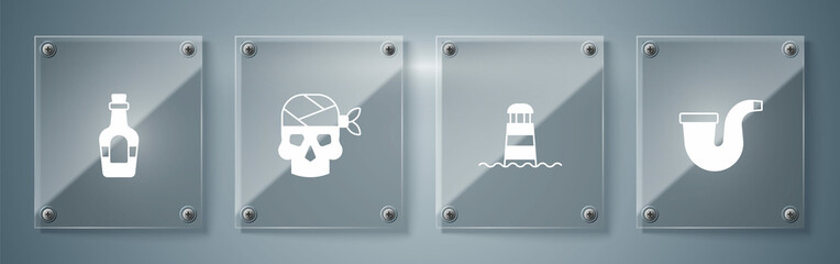 Set Smoking pipe, Lighthouse, Pirate captain and Alcohol drink Rum. Square glass panels. Vector