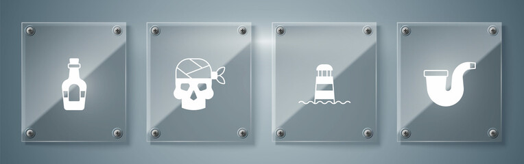 Set Smoking pipe, Lighthouse, Pirate captain and Alcohol drink Rum. Square glass panels. Vector © Oksana