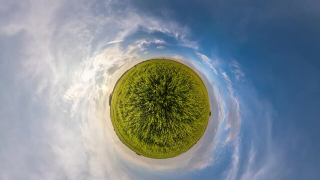 abstract spinning of a tiny planet with transformation into a blue globe or sphere in grass