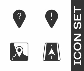 Set City map navigation, Unknown route point, Folded with location marker and Location exclamation icon. Vector