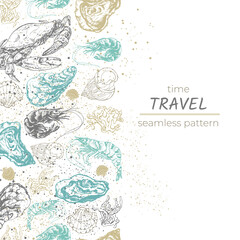 424_Shrimp_oyster_crab_marine inhabitants_time to travel, poster, seamless pattern, shrimp, crab, shell, seaweed, corals, oyster