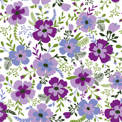 Seamless vector pattern. Cute violet flowers, green leaves on white background. Very peri color. Great for fabric.
