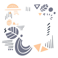 Fototapeta premium Square frame with leaves and geometric elements in scandinavian style. Plant silhouettes, dots and lines. Monochrome nature vector template for design.