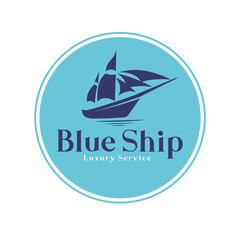 Simple Blue Ship logo for cruise and shipping or traveling