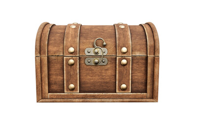 Wooden chest isolated on white background. Old wooden trunk with closed lid. Vintage box, locked. 3d illustration