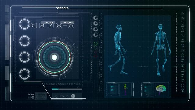 4k motion graphic footage of human skeleton with futuristic user interface