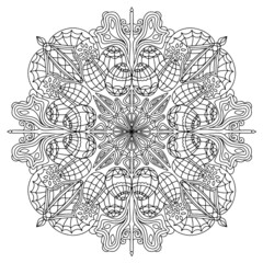 Circle of spring-summer ornament of doodles Easter eggs basket of flowers. A hand-drawn mandala with a black and white outline of flowers and leaves. Coloring template for adults and children.