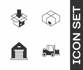 Set Forklift truck, Carton cardboard box, Warehouse and icon. Vector