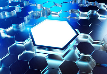 Glowing black and blue hexagons podium background pattern. Hexagonal metal Mockup with lights and reflections. 3D rendering