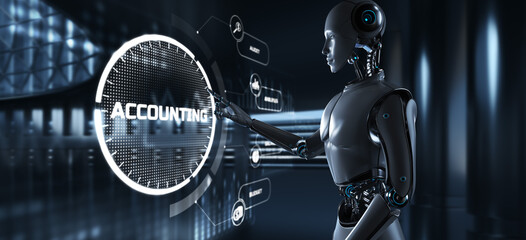 Fototapeta na wymiar Accounting business process automation RPA concept. Robot pressing button on screen 3d render.