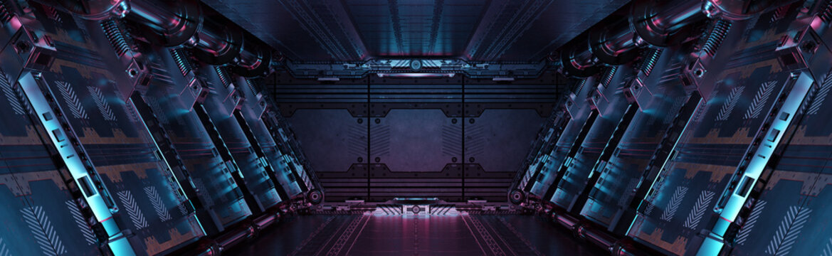 Blue and pink spaceship interior with neon lights on panel walls. Futuristic corridor in space station background. 3d rendering