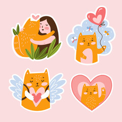 Obraz premium Cat sticker set. Harmony with the nature. Funny portraits of cats. Vector illustration for Valentines day. 