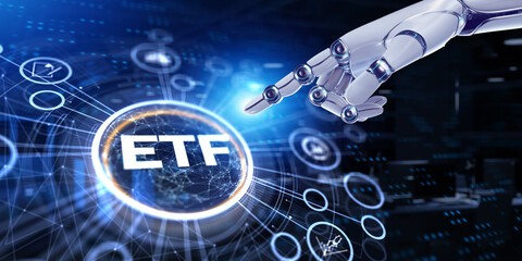 ETF Exchange-traded fund stock market business finance investment concept. 3d render robot pressing button.