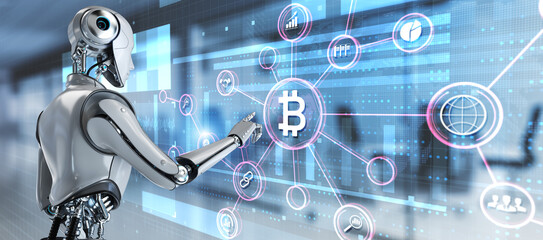 Bitcoin BTC Cryptocurrency digital money trading concept on virtual screen. 3d render robot.