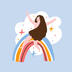 The young girl sits on a rainbow. Positive thinking concept. Cute design for poster or t-shirt print. Vector funny illustration.