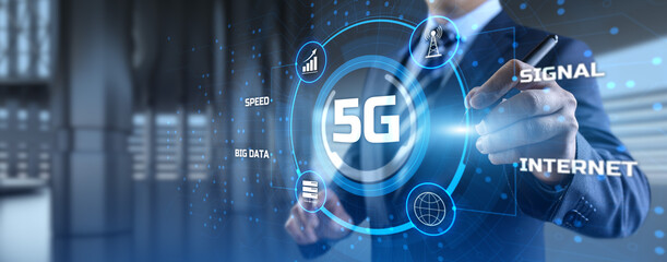 5G High-speed internet connection concept. Businessman pressing button on screen.