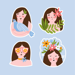 Female sticker set. Harmony with the nature. Funny portraits of girl in nature. Vector illustration. 