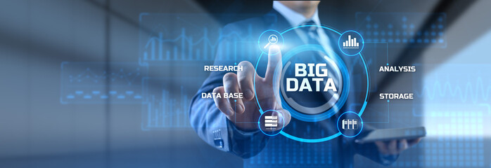 Big Data Analysis Analytics internet technology concept. Businessman pressing button on screen.