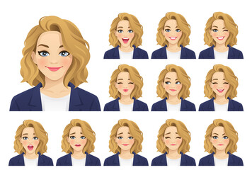 Elegant beautiful business avatar with different facial expressions in suit set isolated vector illustration - obrazy, fototapety, plakaty