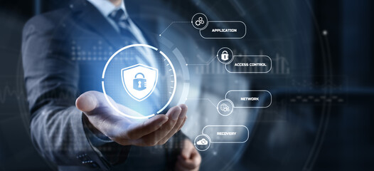 Cyber security access control data protection personal information privacy concept. Businessman pressing button on screen.