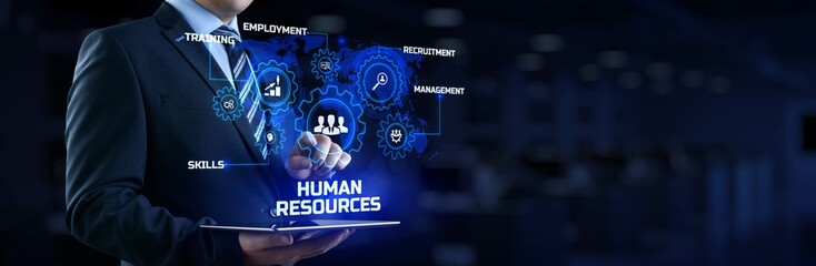 HR Human resources management Recruitment Headhunting. Businessman pressing button on screen.