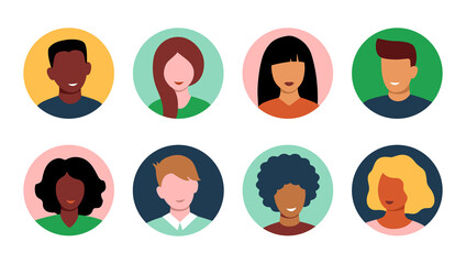 Men and Women faces. Set of user profiles. Colorful portraits of people of different races. Male and female avatars in a circle. Vector icons with smiling persons. Flat cartoon illustration. Isolated.
