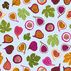 Seamless pattern with fig fruits and leaves. Beautiful print with hand drawn exotic plants. Fashion botanical fabric design. Vector illustration.