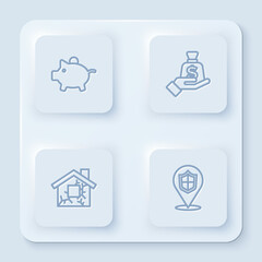 Set line Piggy bank, Money in hand, House and Location shield. White square button. Vector