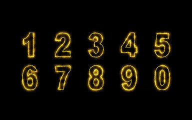 Electrical energy Numbers set isolated on black background. Energetic Number sign  with yellow Energize effect and Soft Smokes.	
