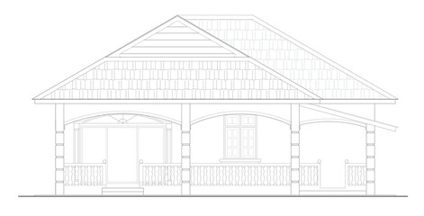 
2D CAD single storey house external elevation drawing complete with facade decoration, window and door.  Drawing produced in black and white. 
