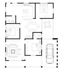 2D CAD house layout plan drawing with 3 bedrooms complete with 2 bathrooms, balcony, furniture, kitchen, living room porch and furniture. Drawing produced in black and white. 