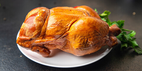 whole chicken baked fried festive table smoked poultry meat fresh portion healthy meal food diet snack on the table copy space food background