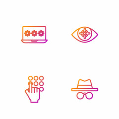 Set line Incognito mode, Password protection, Laptop with password and Eye scan. Gradient color icons. Vector