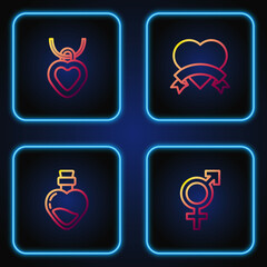 Set line Gender, Bottle with love potion, Necklace heart shaped and Heart. Gradient color icons. Vector