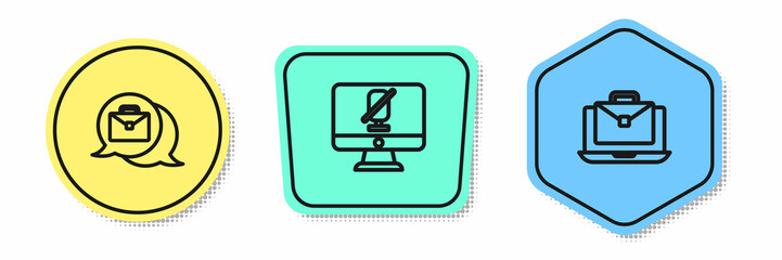 Set line Online working, Mute microphone on computer and . Colored shapes. Vector