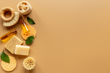 Spa cosmetic products with shower sponge and pumice. Top view flatlay