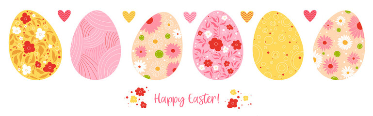 Set of Easter eggs with different flowers ornament on a white. Festive greeting card with colored eggs in pastel colors Happy Easter. Spring holidays or egghunting decoration. Vector illustration