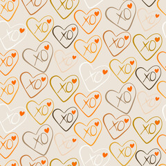 Vector seamless love symbol half-drop pattern, with stylish hearts and xoxo (hugs and kisses) phrase