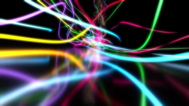 A colorful digital data stream abstract over a black background. Blurry reflection in the floor.
