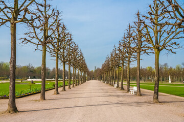 Lovely view of an avenue with leafless trees in early Spring in the famous Baroque garden of the Schwetzingen Palace in Baden-Württemberg, Germany.