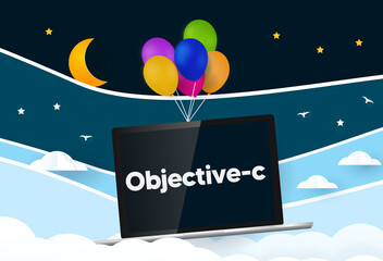 Fototapeta na wymiar Objective-c programming language... Balloons carries laptop with word Objective-c 