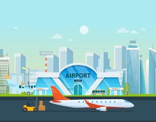 Airport terminal building and airplanes, taxi, car, loader.