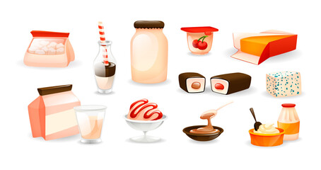 Fototapeta na wymiar Dairy natural nutrition products set cartoon vector